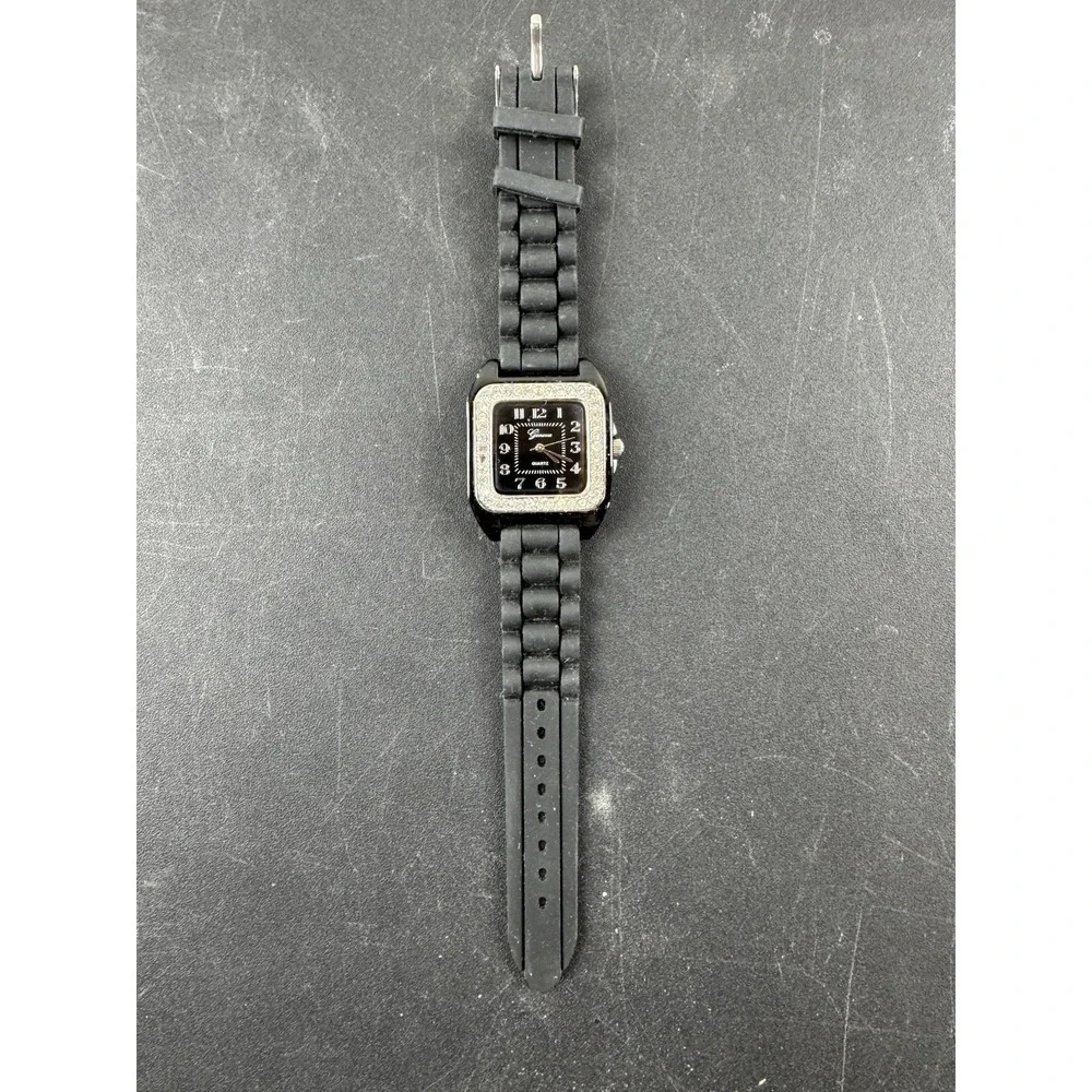 Geneva quartz square watch black face rhinestone bezel‎ sports band works